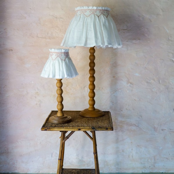 Edit58 x Smock London Elsie Lampshade Skirt White Grid with Dusty Pink Bows Hand Smocking