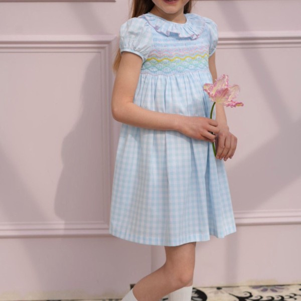 Katherine Johnson Dress Blue Sky Gingham with Rainbow Hand Smocking