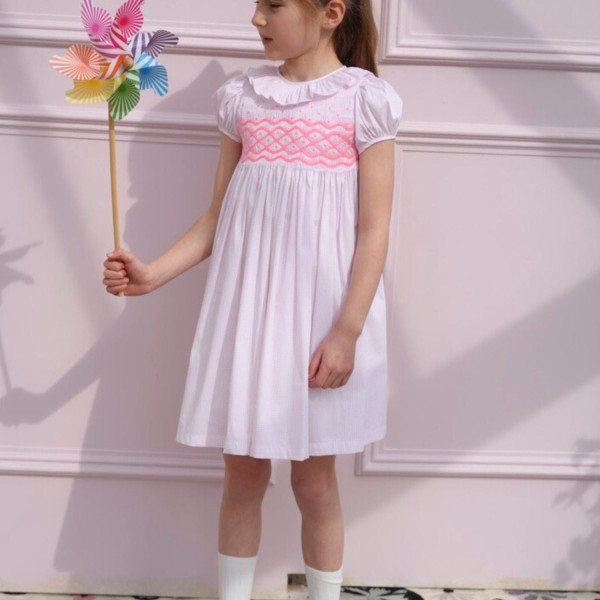 Katherine Johnson Dress Pink Grid Cotton with Strawberrylicious Hand Smocking Katherine Johnson Dress Pink Grid Cotton with Strawberrylicious Hand Smocking