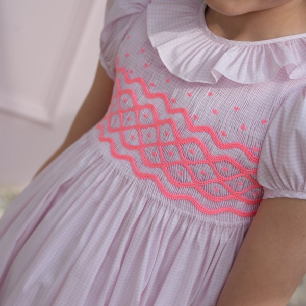 Katherine Johnson Dress Pink Grid Cotton with Strawberrylicious Hand Smocking Katherine Johnson Dress Pink Grid Cotton with Strawberrylicious Hand Smocking