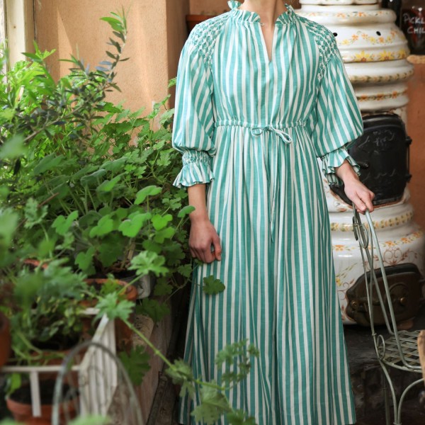 Aloha Wanderwell Dress Wimbledon Stripe with White Honeycomb Hand Smocking Aloha Wanderwell Dress Wimbledon Stripe with White Honeycomb Hand Smocking