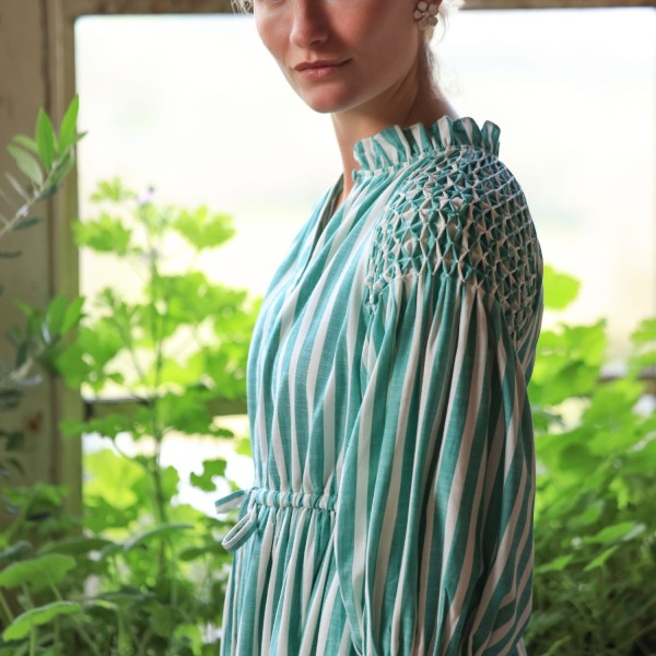 Aloha Wanderwell Dress Wimbledon Stripe with White Honeycomb Hand Smocking Aloha Wanderwell Dress Wimbledon Stripe with White Honeycomb Hand Smocking