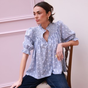 Scholl Blouse Bubble Weave Cotton with Double Cream Hand Smocking Edition 60