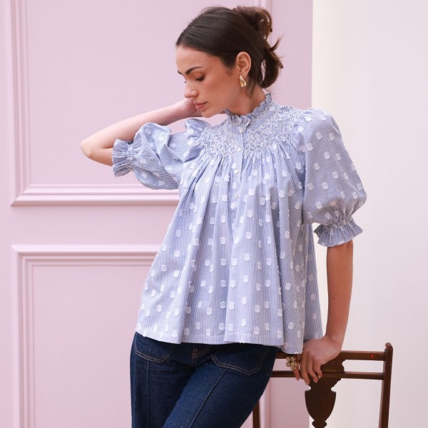 Scholl Blouse Bubble Weave Cotton with Double Cream Hand Smocking Edition 60
