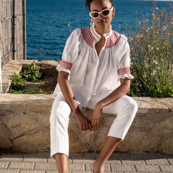 Scholl Women's Summer Blouse White with Pillar Box Red Hand Smocking